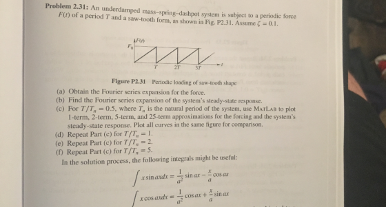 Problem 2.31: An underdamped mass-spring-dashpot system is subject to a periodic force F(t) of a period T and a saw-tooth for