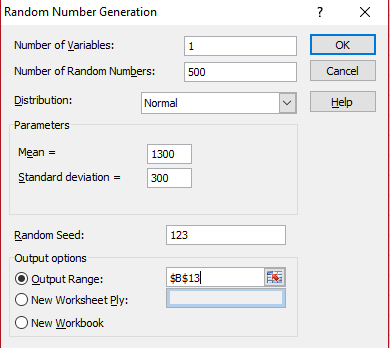 Random Number Generation X 7 Number of Variables: OK 1 Number of Random Numbers: Cancel 500 Distribution: Help Normal Paramet