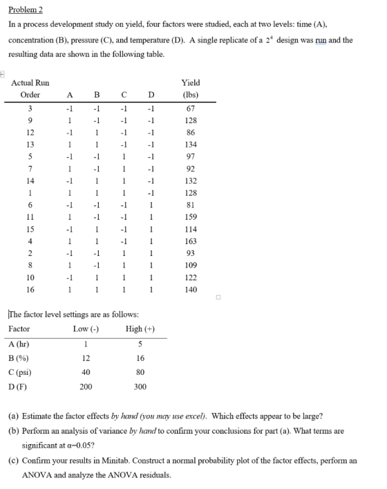 Problem 2 In a process development study on yield, four factors were studied, each at two levels: time (A), concentration (B)