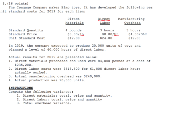 8. (16 points) The CengageCompany makes Elmotovs. It has developed the following per nit standard costs for 2019 for each ite