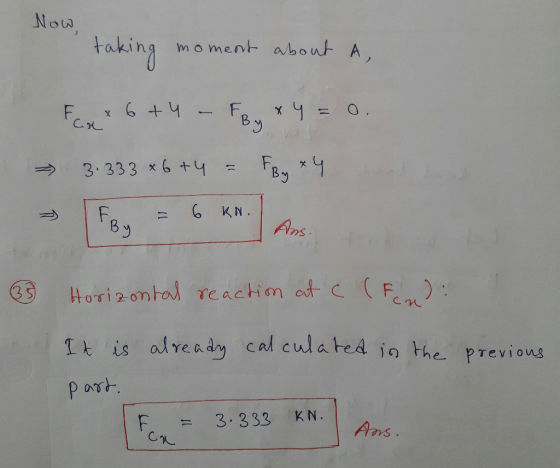 Now moment about A, taking Fo By 6 +4 Fr.r F 3.333 x 6 +4 KN. F By Ams F Horizontal re achin od 3 5 This already cal culated