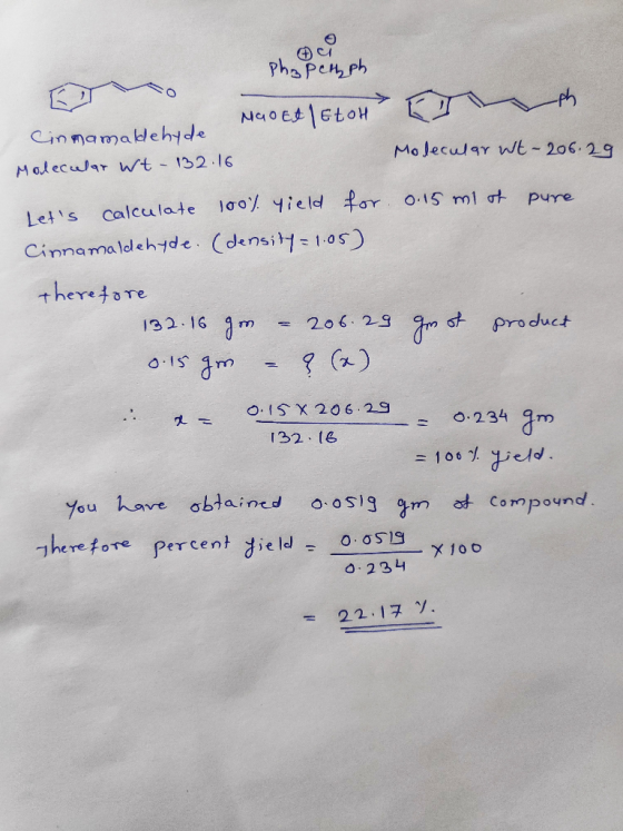 田 n na m aldehyde Molecr t 132.16 MaJeculay we-206, 29 Lens calculate Ισο yield or 0-15 ml gt. pure Cinnamalolehyde. (densi10