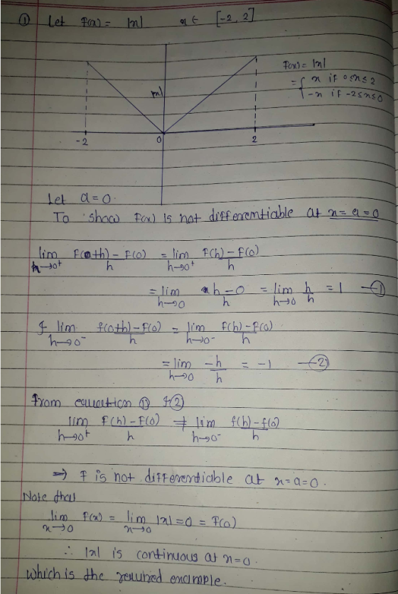 91 Tad 1nl 2 a=a Let -90 2 h-50 → Tis not differen diable at h:0-0 Note lal is continuous an- which is the yeluined enample