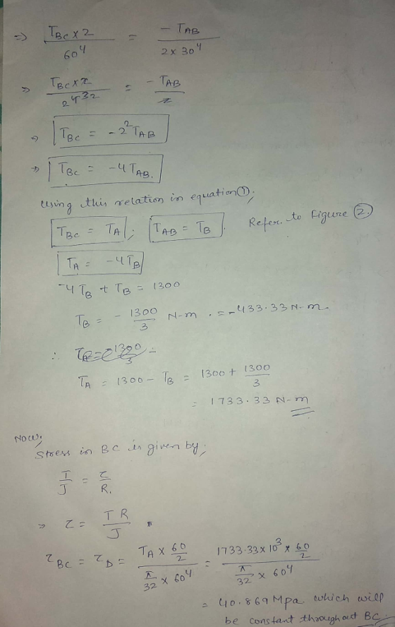 2 x 30 60 AB -2 AB tiing tlis relation in equation Refere. to fiqure 1300 N m 3 TR : 1300-TB = 1300 + 1300 3 I 73 3. 33 I(-で