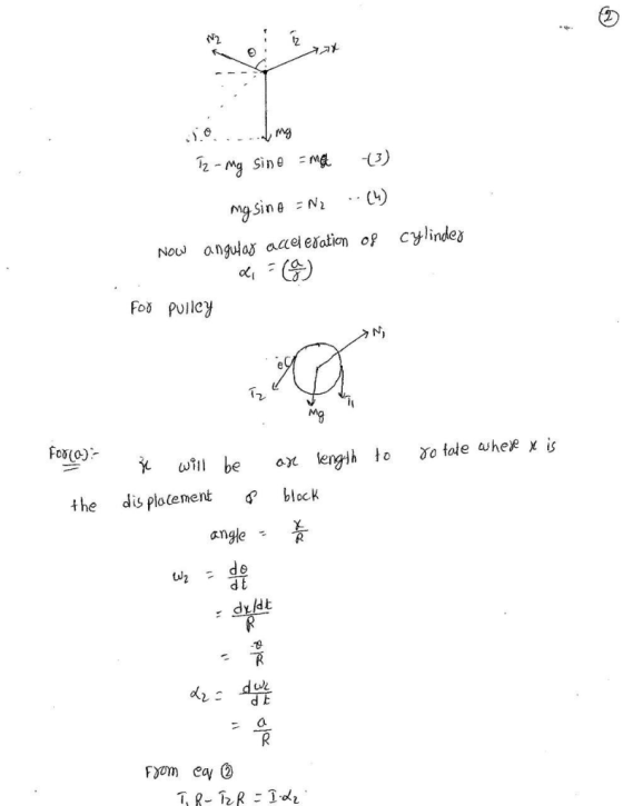 3) 2-Mg Sine m C4) mg Sine N2 Cylindes angulas aceletation of Nou Fo PUlley Mg For o tate wheje x is to lengih will be dis pl