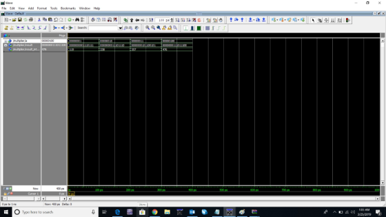 E Wave File Edit View Add Format Tools Bookmarks Window Help Wave -Default Msgs 00000100 mulbplerjresult 400 0 ps to 1ns Now: