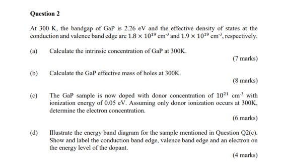 Question 2 At 300 K, the bandgap of GaP is 2.26 eV and the effective density of states at the conduction and valence band edg