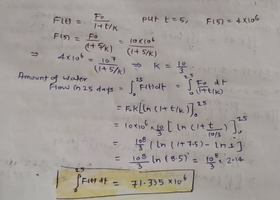 Fo 1+t/K Fo +5/k) put t-5, F(5)=4X106 FIU F5 (i 5/K) 4x106 (ot K= 10 3 25 +t (IA 5/k) Amount of w ater How n 25 days Eo dt +t