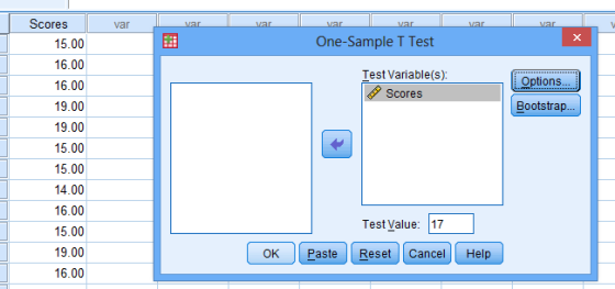 Scores var One-Sample T Test 15.00 16.00 16.00 19.00 19.00 15.00 15.00 14.00 16.00 15.00 19.00 16.00 Test Variable(s): Option