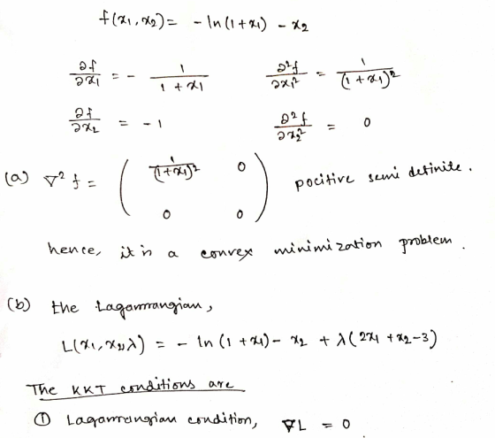 (,2) n (1 + *1) で+リ 0 pocitive sumi dutinite. minimi zation pobtem hence, n a esnve (the tagarrowoian L(,u) The kKT esndstion