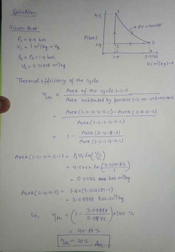 Soluton Giuen that PCbar) piys bar 2. 1-4 3.2142 3.21923 ml Tenimal efficieny of tha cyole Area of the cy cle 1-2+3 th a subf