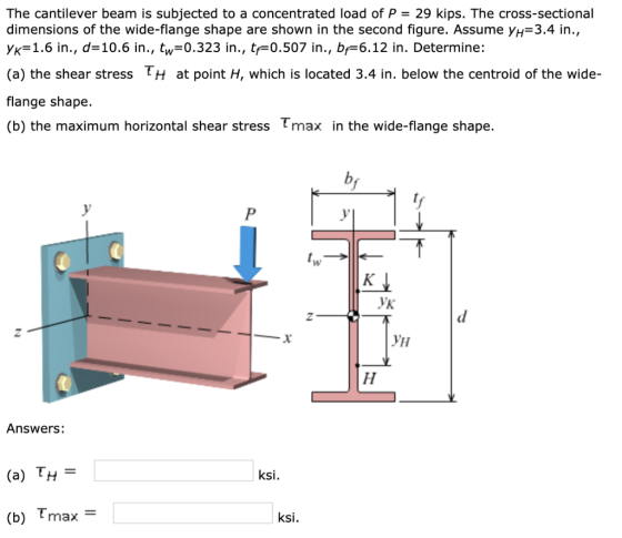 The cantilever beam is subjected to a concentrated load of P 29 kips. The cross-sectional dimensions of the wide-flange shape