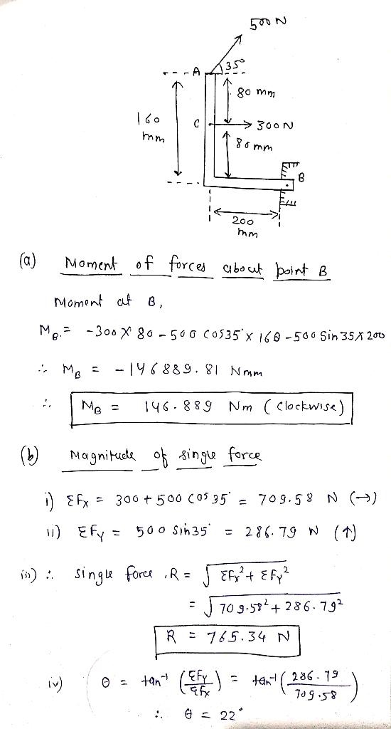 500 N 350 8o mm |60 C mm 200 hm (a) forces Moment cbout boint B Moment af M. -300 X 8o - 500 Co535 x 10-50 Sin 35 2ob - I4688