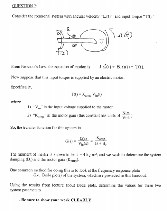 Consider the rotational system with angular velocity Ω(t) and input torque T(t). TC From Newtons Law, the equation of mo