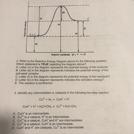 b) (c) (e) x Y Reaction coordinate x+ Y 2 2. Refer to the Reaction Energy Diagram above for the following question. Which sta