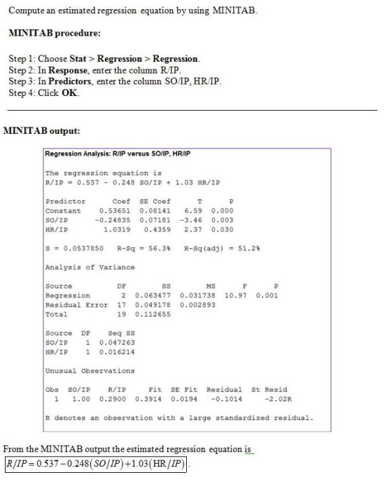 Compute an estimated regression equation by using MINITAB MINITAB procedure Step 1: Choose Stat > Regression > Regression Ste