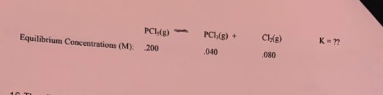 PCIs(g)_ PCI3(g) + Cl2(g) K-? Equilibrium Concentrations (M): .200 040 080