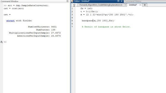 Editor-Untitled* 3 Forward_Algorithm_CodeMakingExplanation.m UntitledX+ Command Window Command History >srcdsp.SampleRateConv