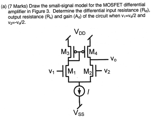 (a) (7 Marks) Draw the small-signal model for the MOSFET differential amplifier in Figure 3. Determine the differential input