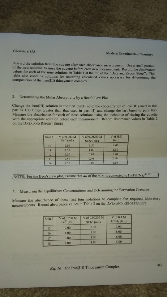 Chemistry 153 Modern Experimental Chemistry Discard the solution from the cuvette after each absorbance measurement. Use a sm