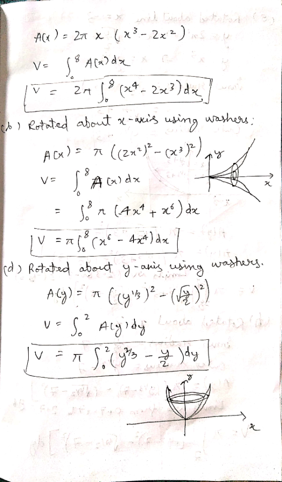 (x3-2x) AC 2T X Ad V= 2x3) d 2 rt uirng uasher bRotated about -xs ) AC) 7t 4)dx V cd Rtated aboct y-anis using washurs Ag)E7