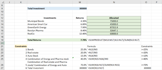 N K M O P J L 8 Total Investment 300000 9 10 11 12 Allocated Investments Returns 4.30% 6.80% .90% 13 Municipal Bonds 75000.0