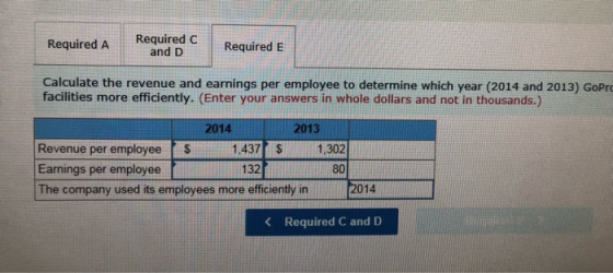 Required C and D Required A Required E Calculate the revenue and earnings per employee to determine which year (2014 and 2013