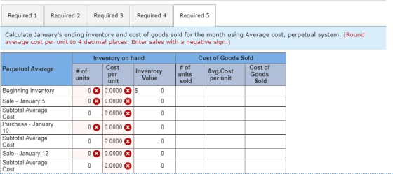 Required 1 Required 2 Required 3 Required 4 Required 5 Calculate Januarys ending inventory and cost of goods sold for the mo