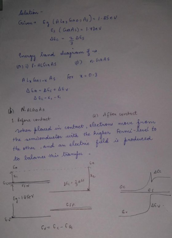 Lo lution- Guiven Ga (Alo3 Gao7 As)= 1-85eu Es ( GaAs) = 93ev 2 DEs Loand aleaguam& fonengy n-haAs a) i) P-ALGa As For 0-3 A