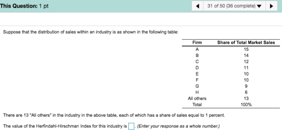 31 of 50 (36 complete) This Question: 1 pt Suppose that the distribution of sales within an industry is as shown in the follo