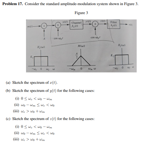 Problem 17. Consider the standard amplitude-modulation system shown in Figure 3 Figure 3 x) Channel Filter he(r) cos wor cos