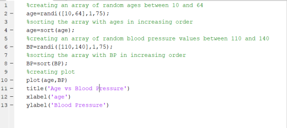 %creating an array of random ages between 10 and 64 age randi ([10, 64,1,75): 1 2 3 %sorting the array wi 4age-sort (age) 5 6