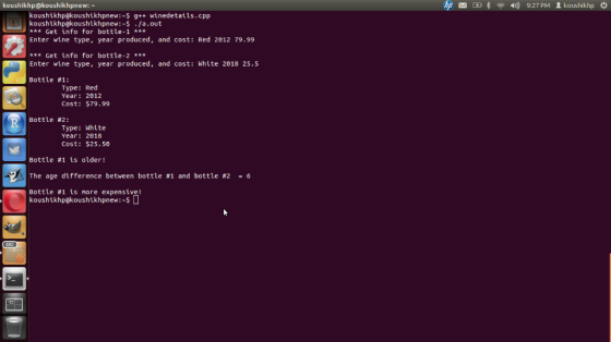 koushikhp@koushikhpnew: hp 59书令4)) 9:27 PM Ikoushikho koushikhp@koushikhpnew: g++ winedetails.cpp koushikhp@koushikhpnew:-$ /