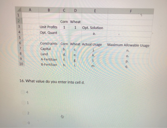 A B C 1 2 Corn Wheat 3 Unit Profits 1 1 Opt. Solution 4 Opt. Quant a. 6 Constraints Corn Wheat Actual Usage Maximum Allowable