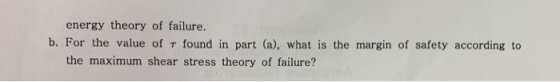 energy theory of failure. b. For the value of τ found in part (a), what is the margin of safety according to the maximum shea