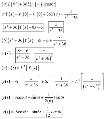s Y (s)- sy(0)- y(0)36Y (s)- s2 36 8s+6+ (b)(s2 +36)y(s) s2 +36 Y(s) s 36 (s*+36) s2 +36 -csr+sin62(0)sih6 v (z) 8cos61 + si