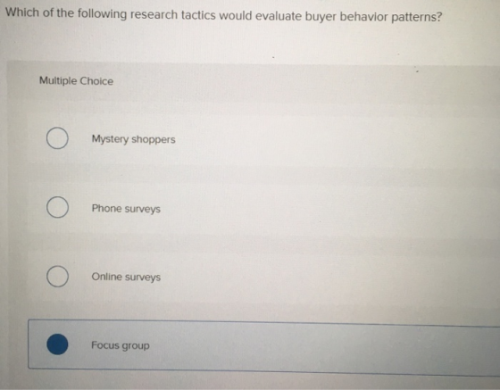 Which of the following research tactics would evaluate buyer behavior patterns? Multiple Choice Mystery shoppers Phone survey