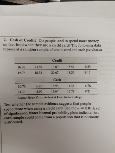 2. Ca on fast-food when they use a credit card? The following data represent a random sample of credit-card and cash purchase