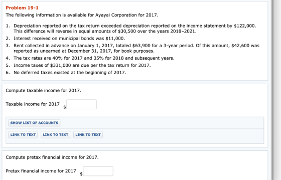 Problem 19-1 The following information is available for Ayayai Corporation for 2017. 1. Depreciation reported on the tax retu