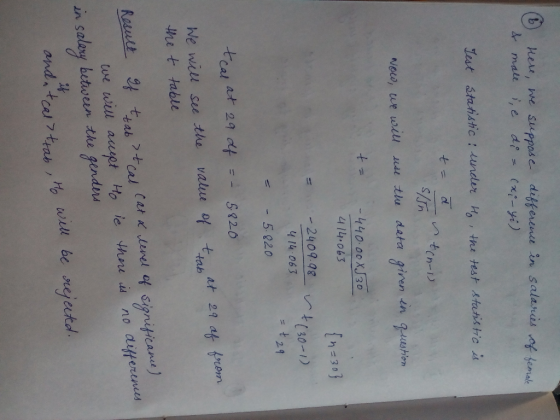 Here, we suppose difference in salaris af lemal &male , e do = (-12) Lest Stahstic : undler H,the test statis tc is d tcn-i