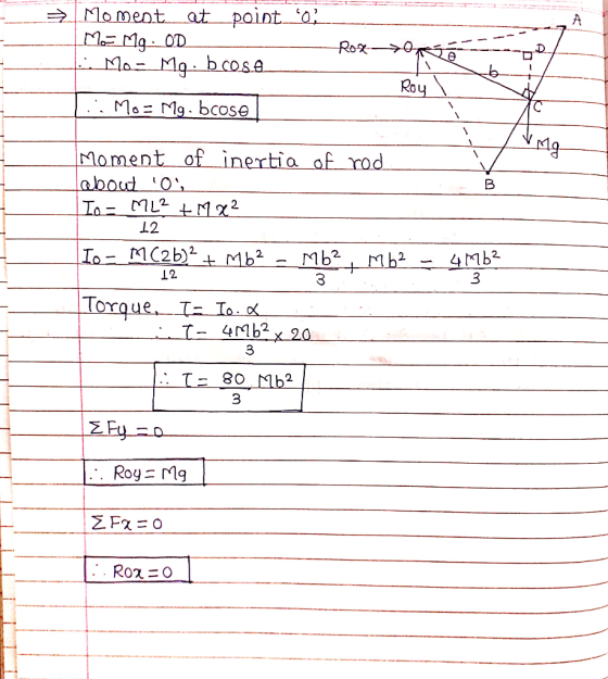 21-Moment at Point Rou M: Mg·bcose Moment of inertia af rod 2 12 L2 3 Torque TTo 3 3 Roy: Mg