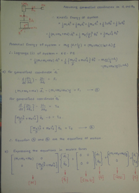 Lame m2 Assuming seneralised coordinates as d and 82 ㄈ . Kinetic Energy of System Xo Potential Energy of system m (d +1 ) + (