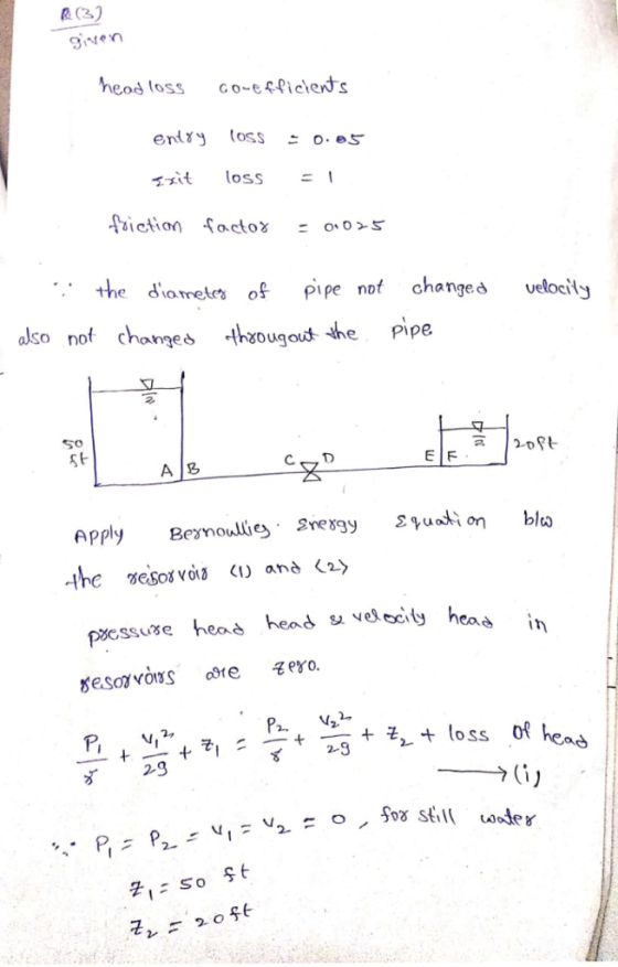 &(3) heod loss Go-ecficies fiction facto& o, o 25 the diometes of pipe nof change elocils also nof changes ho ugout he pipe.