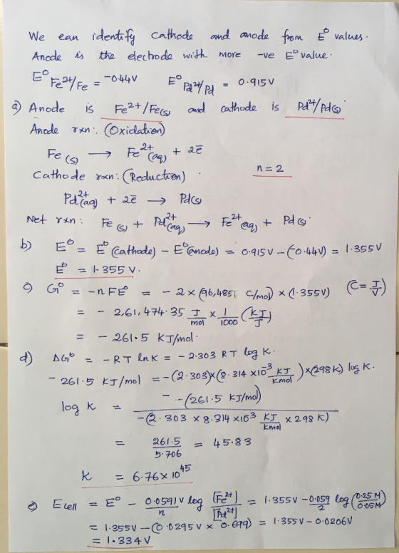We ean identfy cathode and moda fom valus Ancde厶か dec hode witんmore-ve Evalue. 2+ Fe S) Catho de yoen Reducher) b) 9 E = 1-3