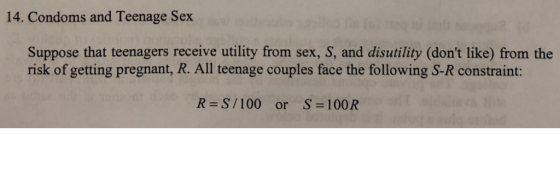 14. Condoms and Teenage Sex Suppose that teenagers receive utility from sex, S, and disutility (dont like) from the risk of