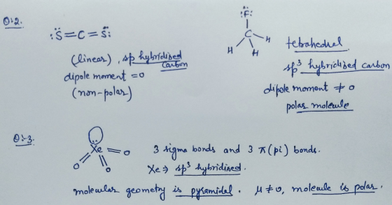 tebraheael linear) ,phybriclbed dipole mement (nom-polor) heybied canbon dipole moment o polas moleude Carbun 3 tgma bonds an