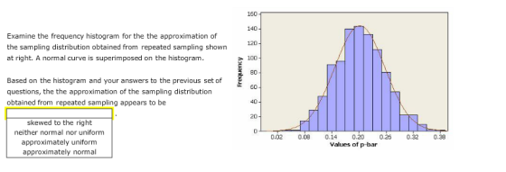 160 140 Examine the frequency histogram for the the approximation of the sampling distribution obtained from repeated samplin
