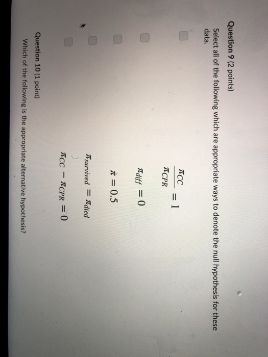 Question 9 (2 points) Select all of the following which are appropriate ways to denote the null hypothesis for these data. TC