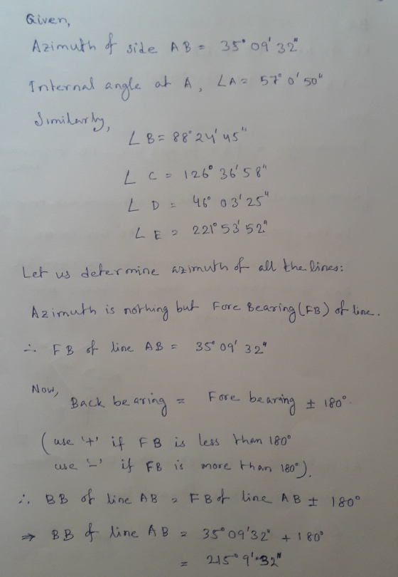 Given, Internal angle at A, LA 2 5ず0,50 Jimit ㄥ L E22 5352 Let us deter mine rmuhf all the Dines: Fore, Bearing (FB) σ-line.