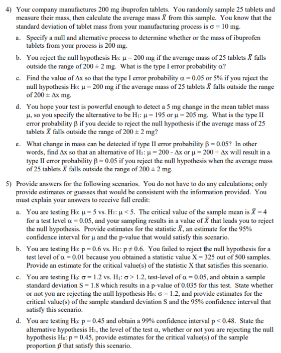4) Your company manufactures 200 mg ibuprofen tablets. You randomly sample 25 tablets and measure their mass, then calculate
